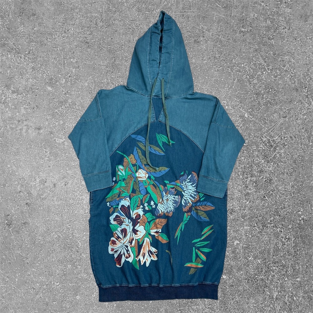 Monthorigin Blue Floral Graphic Hoodie Dress Womens Large Oversized Boho Pockets